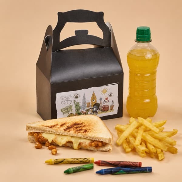 A wala kids meal box with a toastie, fries and a drink